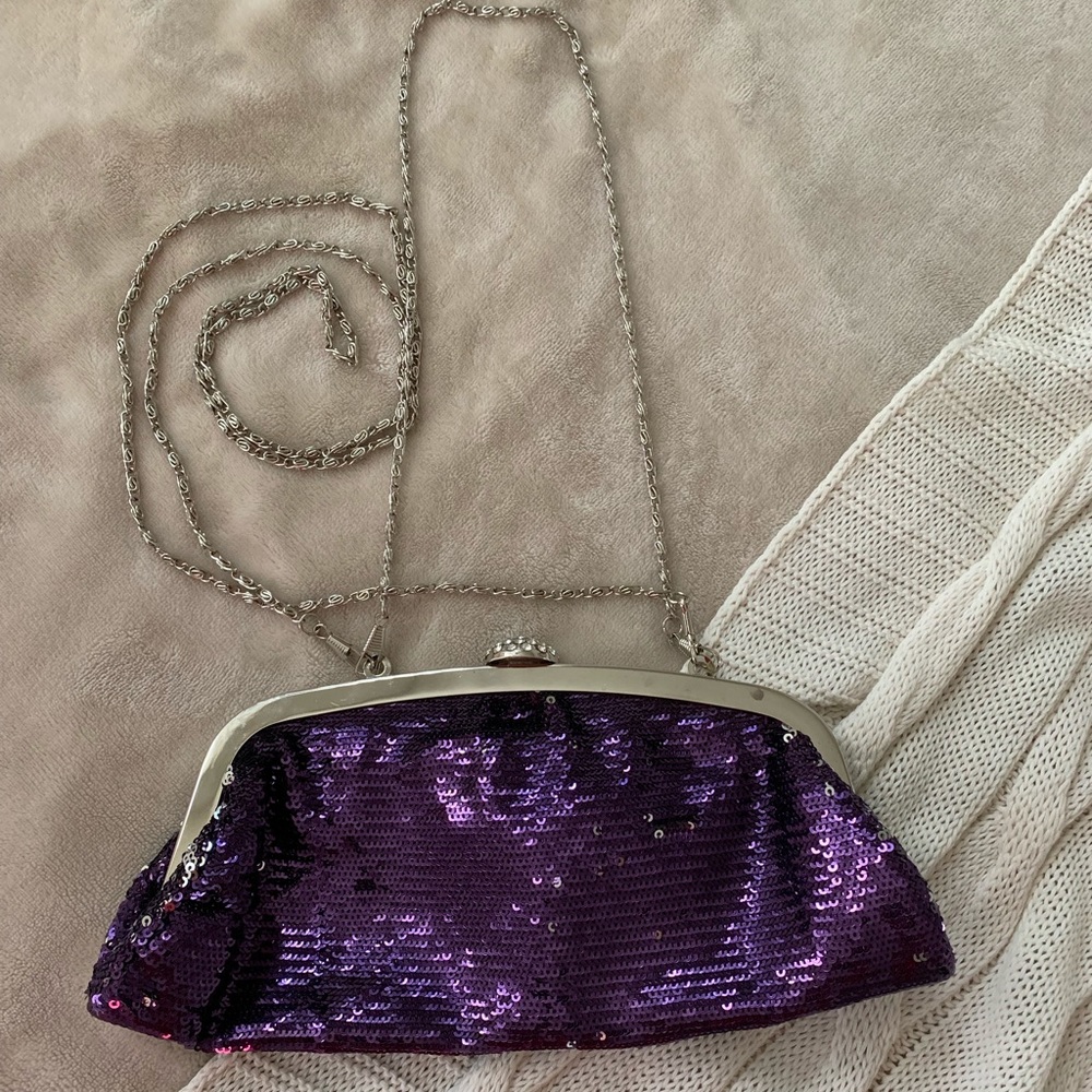 Sequined purple clutch bag
